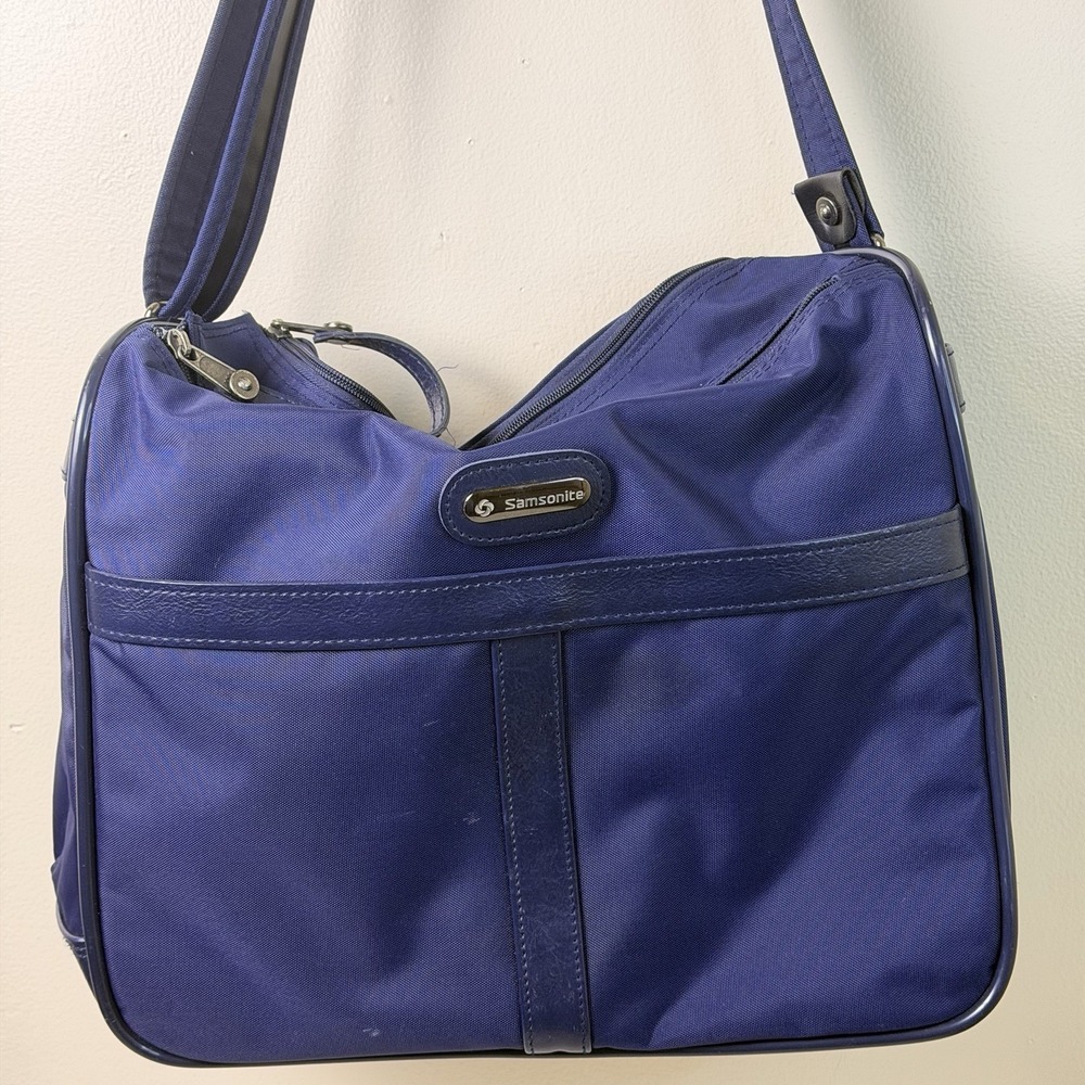Vintage Samsonite Travel Shoulder Bag Blue Carry On Pockets Overnight Bag